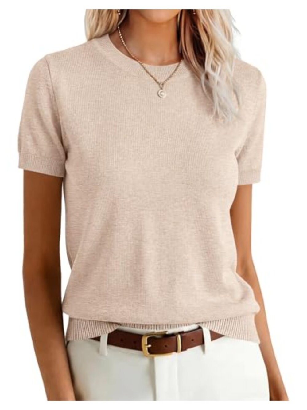 Short Sleeve Wool Blend Crew Neck Sweater Business Casual Work Top